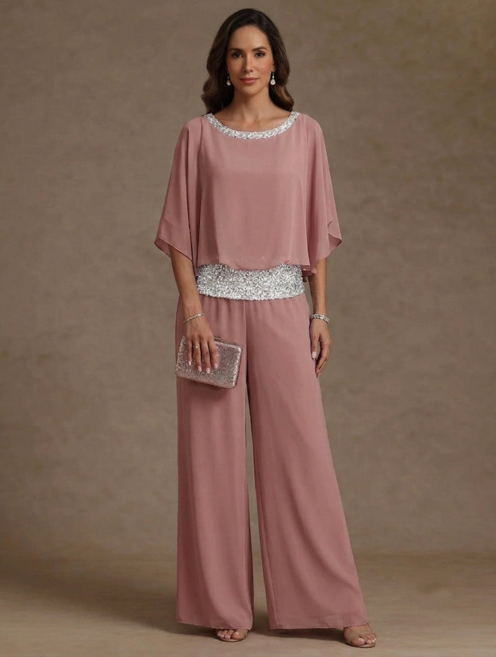 2 Pieces Chiffon Scoop Mother of the Bride Pantsuits Floor-Length Sequins 3/4 Sleeves