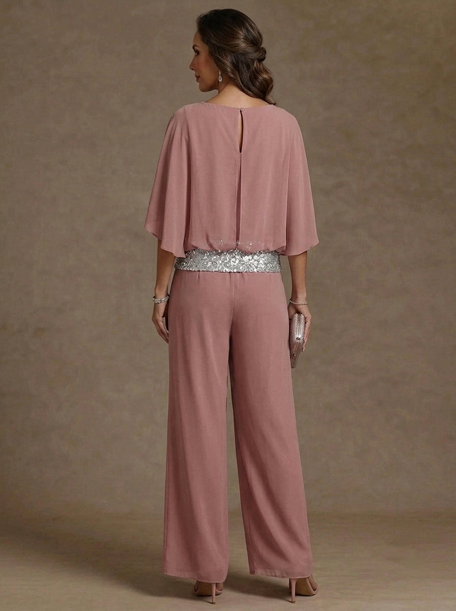 2 Pieces Chiffon Scoop Mother of the Bride Pantsuits Floor-Length Sequins 3/4 Sleeves