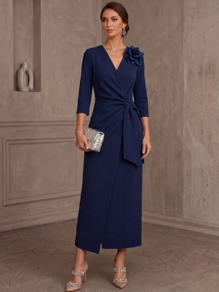 A-Line/Princess V-Neck Stretch Satin Mother of the Bride Dresses with 3D Flower Tea-Length 3/4 Sleeves Ruched