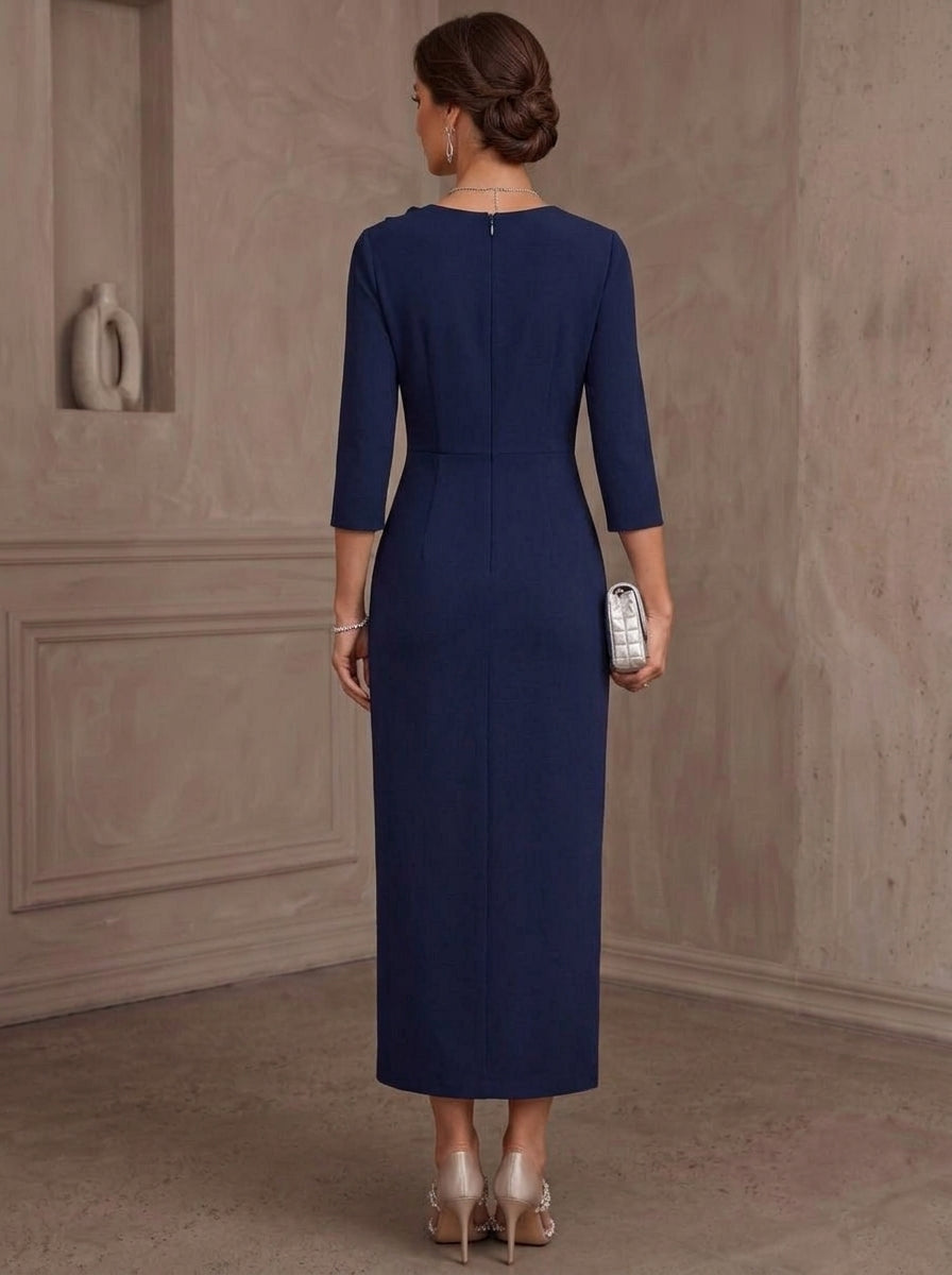 A-Line/Princess V-Neck Stretch Satin Mother of the Bride Dresses with 3D Flower Tea-Length 3/4 Sleeves Ruched