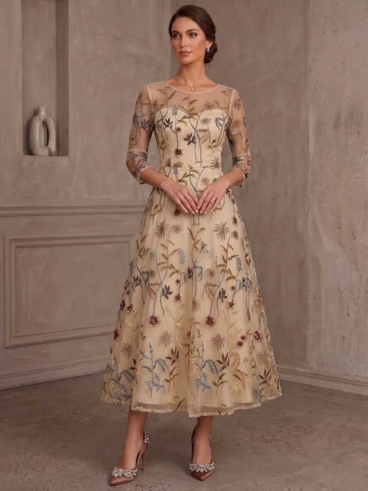 A-Line/Princess Scoop Lace Embroidery Mother of the Bride Dresses Floral Tea-Length 3/4 Sleeves