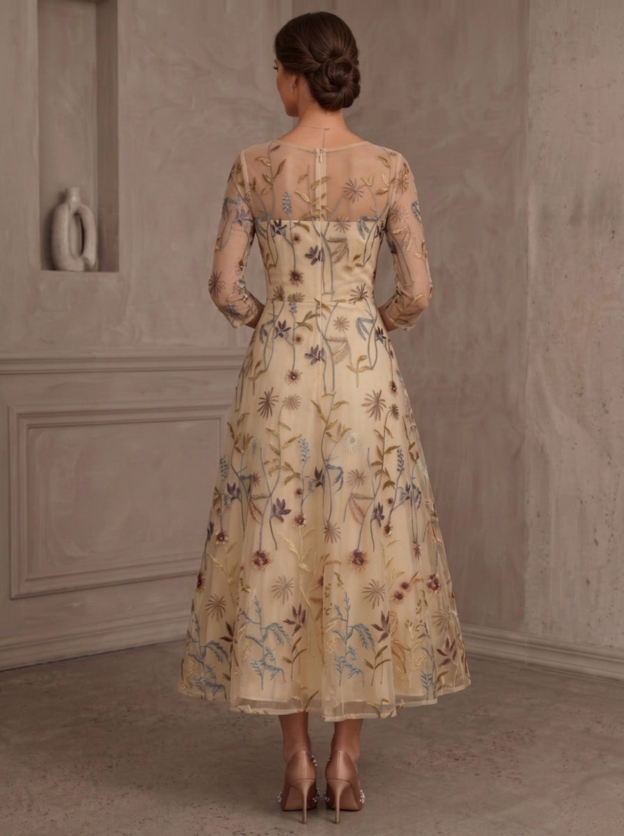 A-Line/Princess Scoop Lace Embroidery Mother of the Bride Dresses Floral Tea-Length 3/4 Sleeves