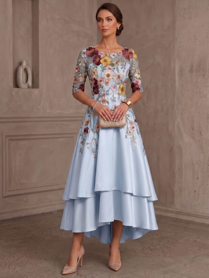 A-Line/Princess Scoop Silk Satin Mother of the Bride Dresses Floral High-Low Tea-Length Ruffles Half Sleeves