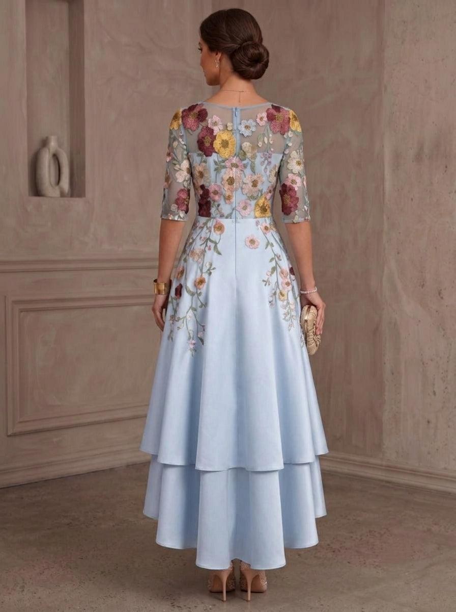 A-Line/Princess Scoop Silk Satin Mother of the Bride Dresses Floral High-Low Tea-Length Ruffles Half Sleeves