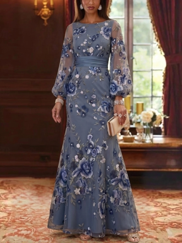 Trumpet/Mermaid Scoop Chiffon Floral Mother of the Bride Dresses Floor-Length Long Puff Sleeves