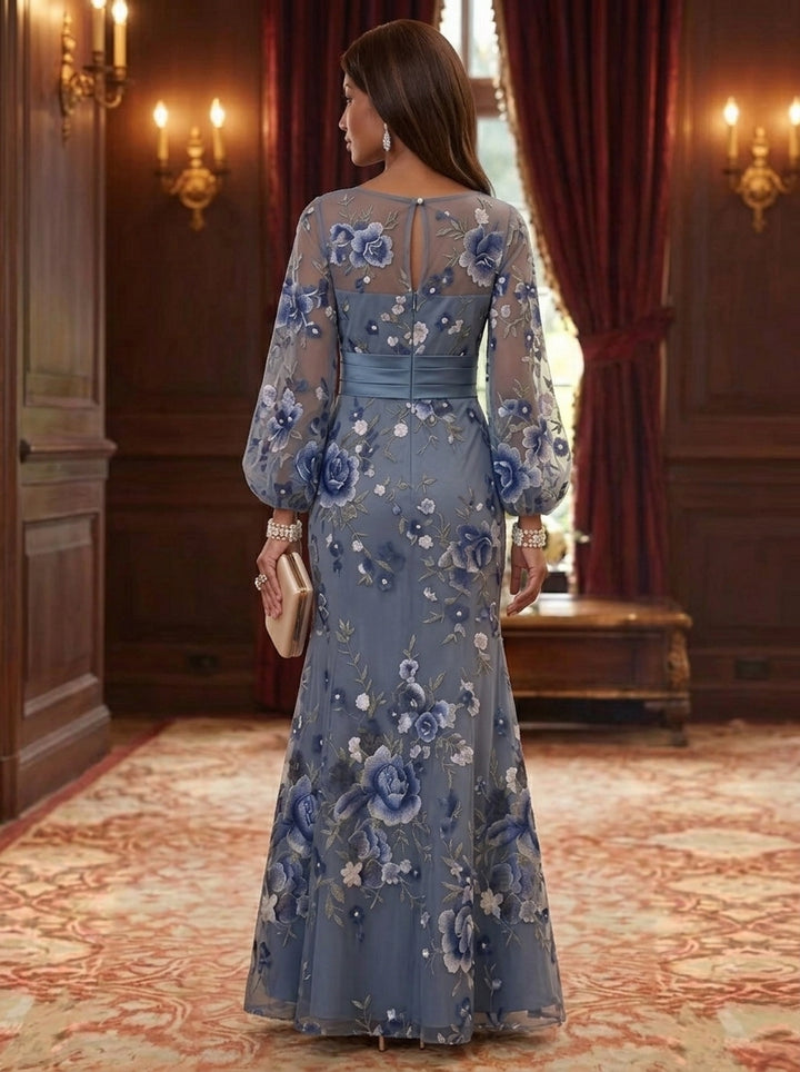 Trumpet/Mermaid Scoop Chiffon Floral Mother of the Bride Dresses Floor-Length Long Puff Sleeves