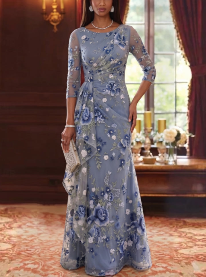 Sheath/Column Scoop Chiffon Floral Mother of the Bride Dresses Floor-Length 3/4 Sleeves Ruffles