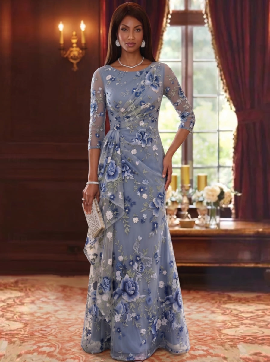 Sheath/Column Scoop Chiffon Floral Mother of the Bride Dresses Floor-Length 3/4 Sleeves Ruffles