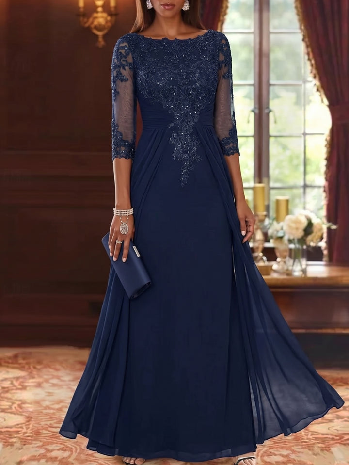 A-Line/Princess Scoop Chiffon Mother of the Bride Dresses with Overskirt Lace Sequins 3/4 Sleeves Floor-Length
