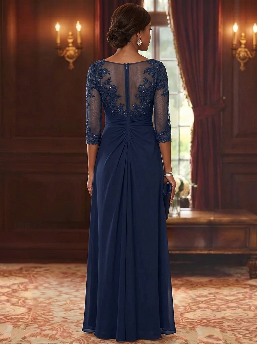 A-Line/Princess Scoop Chiffon Mother of the Bride Dresses with Overskirt Lace Sequins 3/4 Sleeves Floor-Length