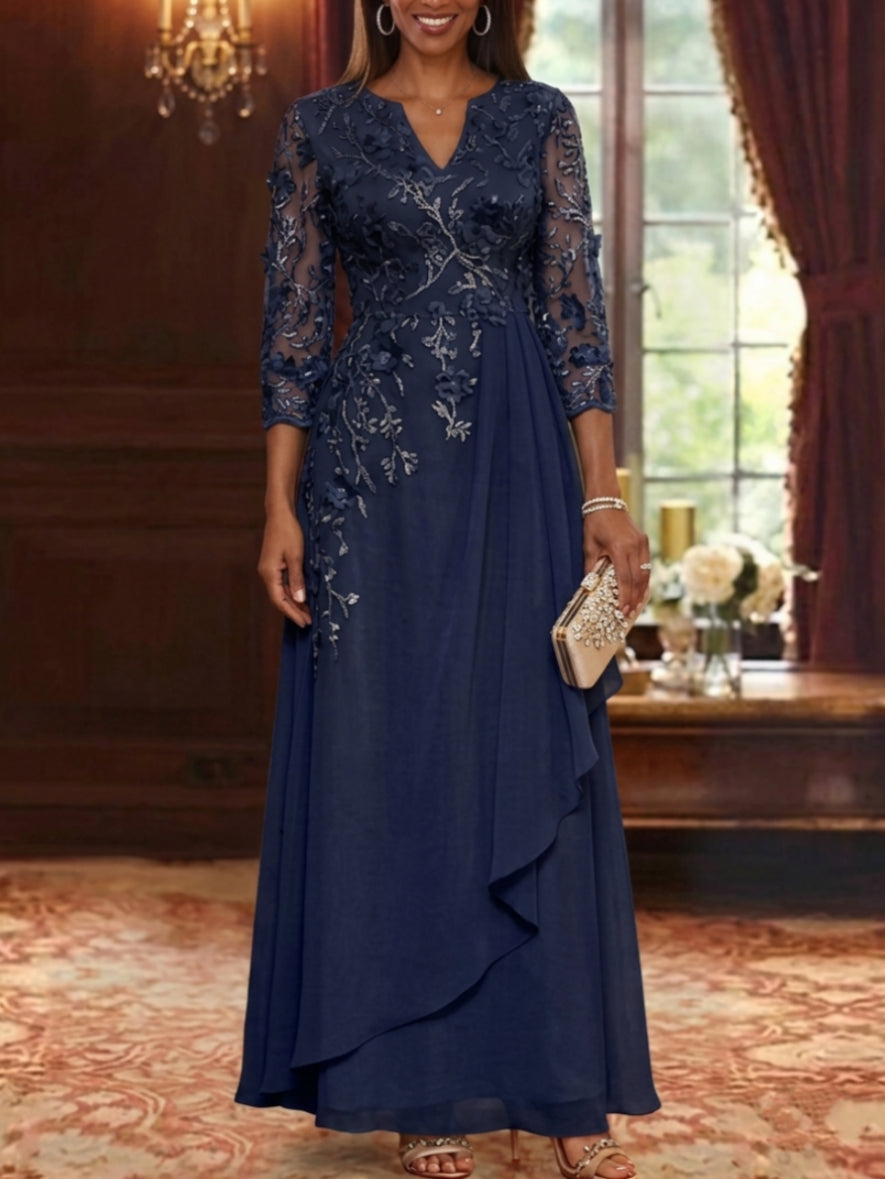 A-Line/Princess V-Neck Chiffon Mother of the Bride Dresses Lace Floral 3/4 Sleeves Ruffles Floor-Length