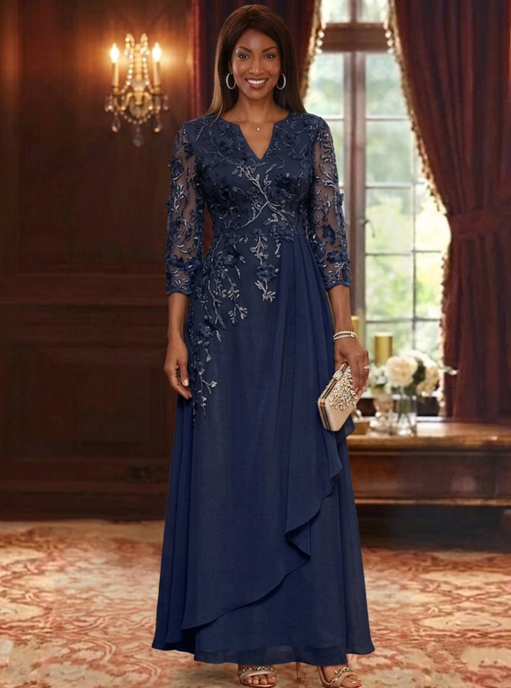 A-Line/Princess V-Neck Chiffon Mother of the Bride Dresses Lace Floral 3/4 Sleeves Ruffles Floor-Length