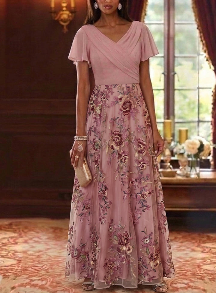 A-Line/Princess V-Neck Chiffon Mother of the Bride Dresses Lace Floral Short Puff Sleeves Floor-Length