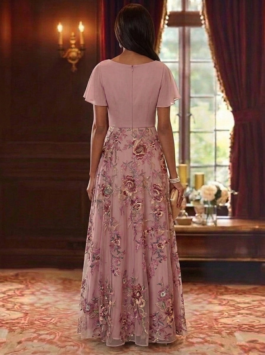 A-Line/Princess V-Neck Chiffon Mother of the Bride Dresses Lace Floral Short Puff Sleeves Floor-Length