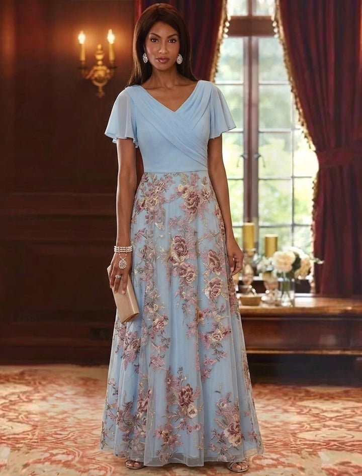 A-Line/Princess V-Neck Chiffon Mother of the Bride Dresses Lace Floral Short Puff Sleeves Floor-Length