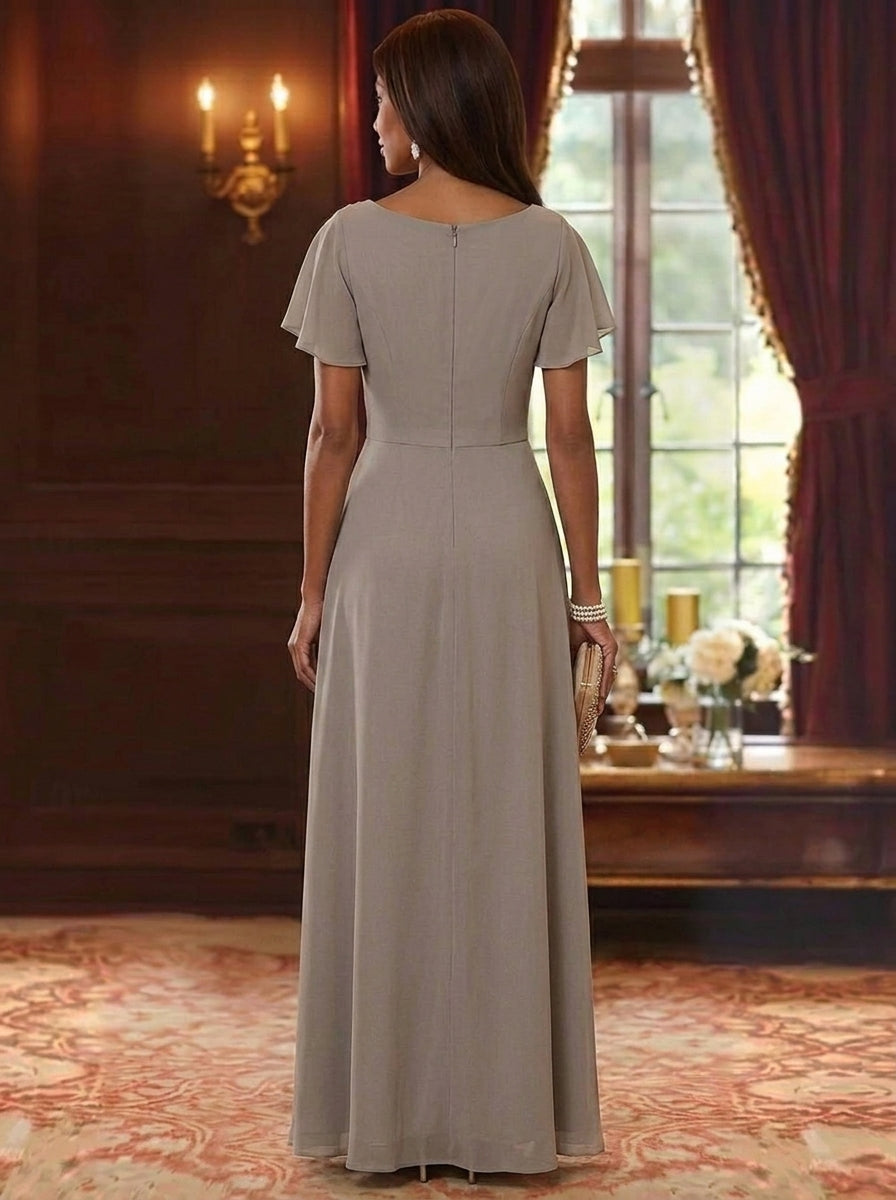 A-Line/Princess Cowl Neck Chiffon Mother of the Bride Dresses Floral Short Sleeves Floor-Length Ruffles