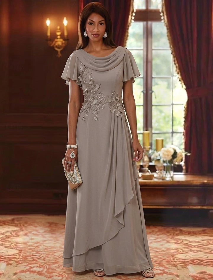A-Line/Princess Cowl Neck Chiffon Mother of the Bride Dresses Floral Short Sleeves Floor-Length Ruffles
