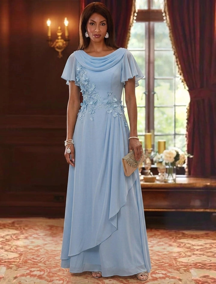 A-Line/Princess Cowl Neck Chiffon Mother of the Bride Dresses Floral Short Sleeves Floor-Length Ruffles