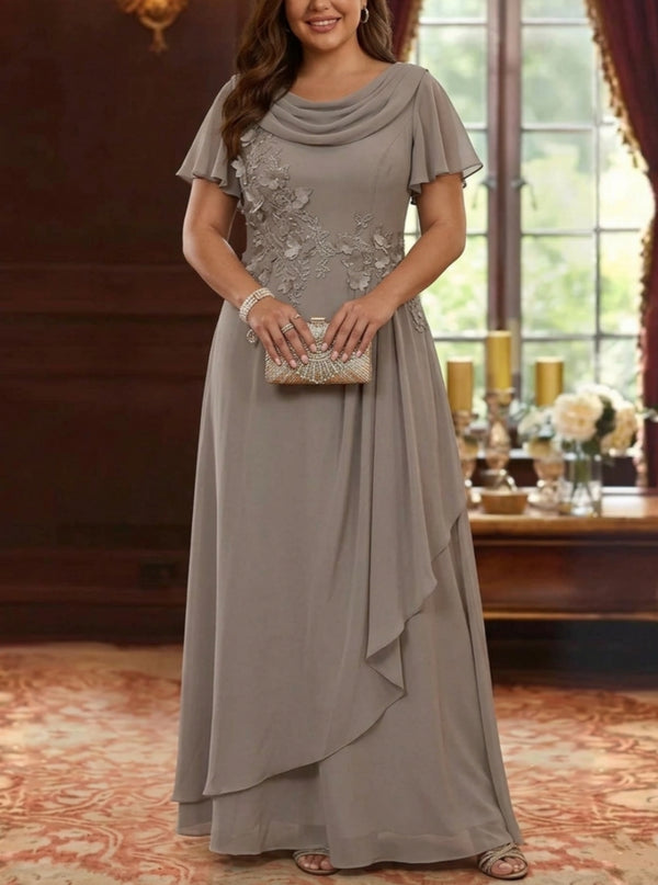 A-Line/Princess Cowl Neck Chiffon Plus Size Mother of the Bride Dresses Floral Short Sleeves Floor-Length Ruffles