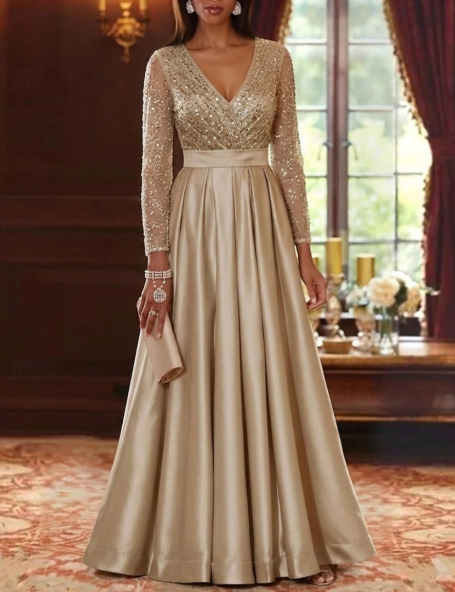 A-Line/Princess V-Neck Satin Mother of the Bride Dresses Sequins Long Sleeves Floor-Length