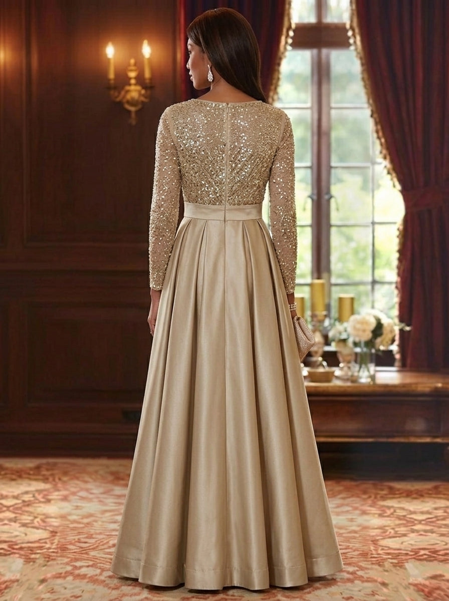 A-Line/Princess V-Neck Satin Mother of the Bride Dresses Sequins Long Sleeves Floor-Length