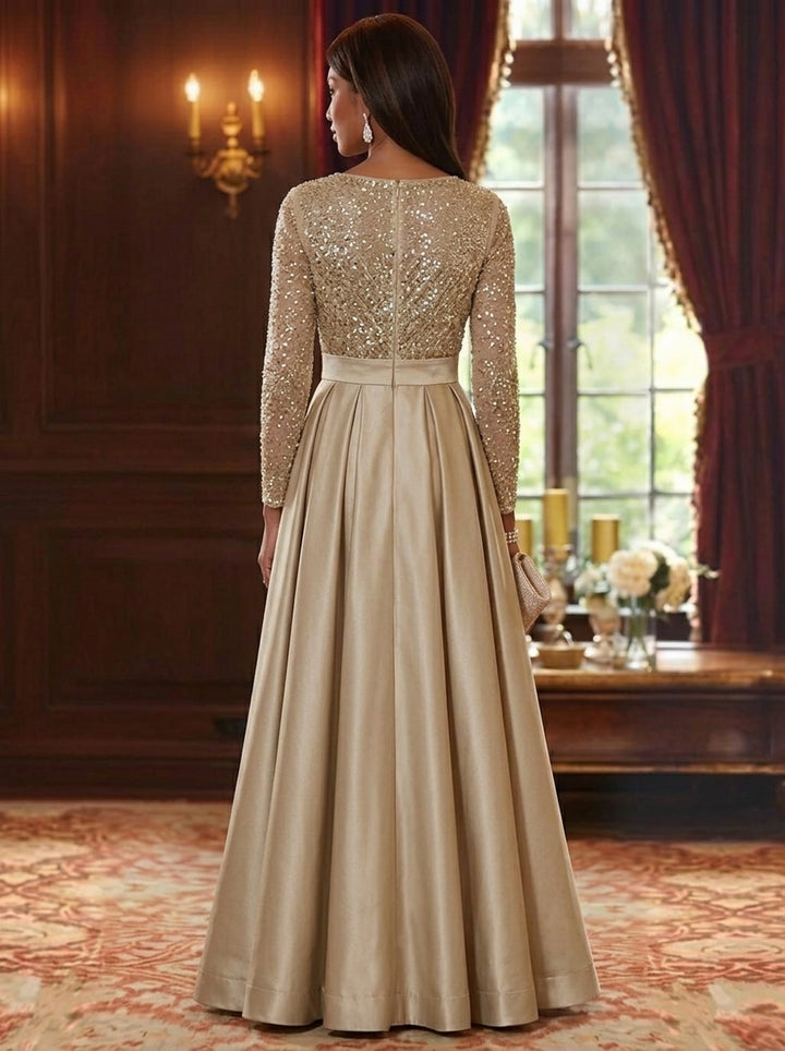A-Line/Princess V-Neck Satin Mother of the Bride Dresses Sequins Long Sleeves Floor-Length