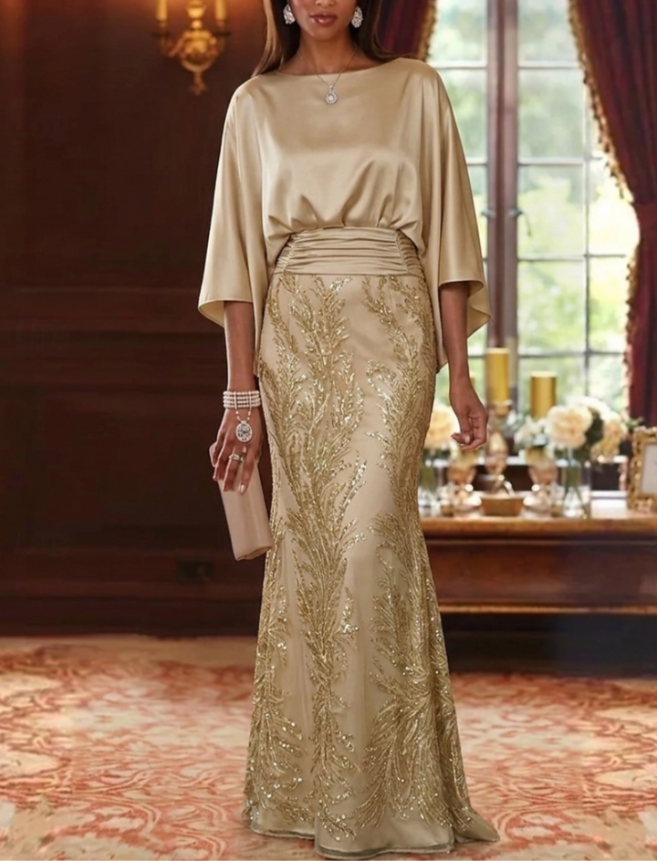 Sheath/Column Boat Neck Silk Satin Mother of the Bride Dresses Sequins 3/4 Sleeves Floor-Length
