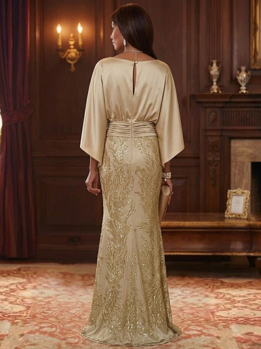 Sheath/Column Boat Neck Silk Satin Mother of the Bride Dresses Sequins 3/4 Sleeves Floor-Length