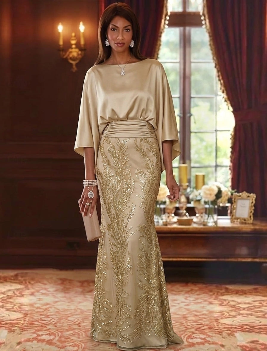 Sheath/Column Boat Neck Silk Satin Mother of the Bride Dresses Sequins 3/4 Sleeves Floor-Length