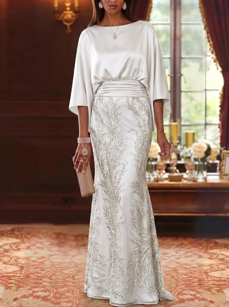 Sheath/Column Boat Neck Silk Satin Mother of the Bride Dresses Sequins 3/4 Sleeves Floor-Length