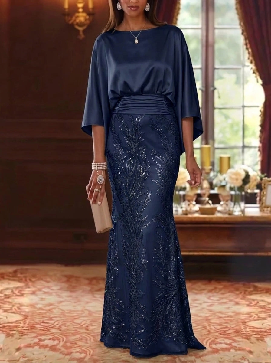 Sheath/Column Boat Neck Silk Satin Mother of the Bride Dresses Sequins 3/4 Sleeves Floor-Length
