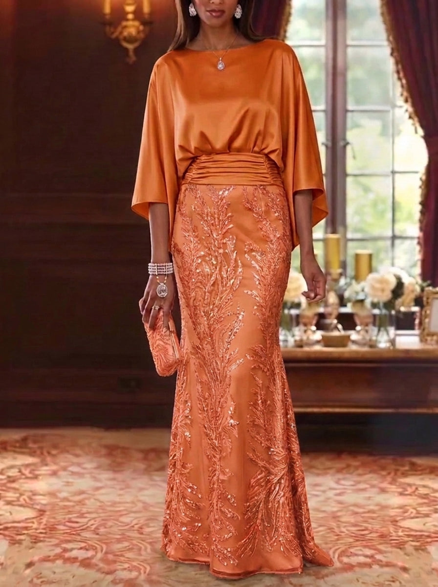 Sheath/Column Boat Neck Silk Satin Mother of the Bride Dresses Sequins 3/4 Sleeves Floor-Length
