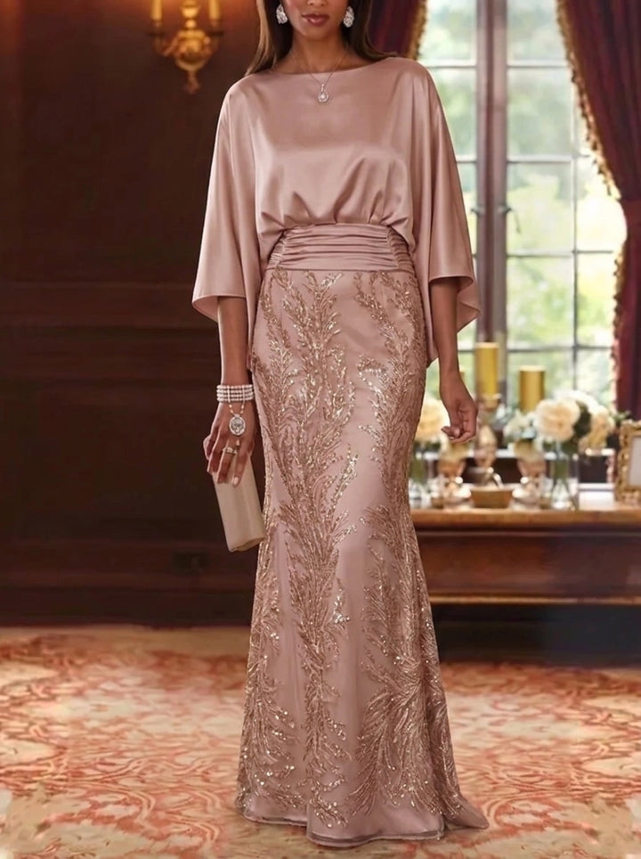 Sheath/Column Boat Neck Silk Satin Mother of the Bride Dresses Sequins 3/4 Sleeves Floor-Length