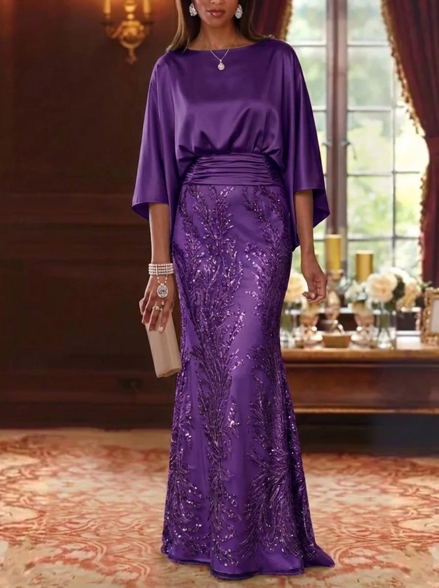 Sheath/Column Boat Neck Silk Satin Mother of the Bride Dresses Sequins 3/4 Sleeves Floor-Length