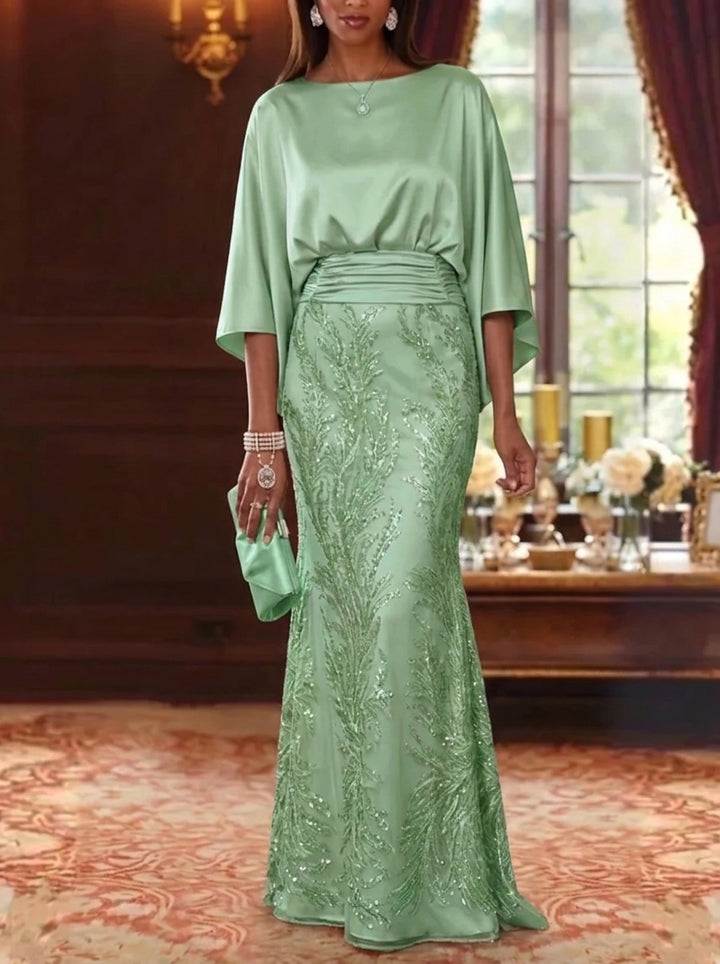 Sheath/Column Boat Neck Silk Satin Mother of the Bride Dresses Sequins 3/4 Sleeves Floor-Length