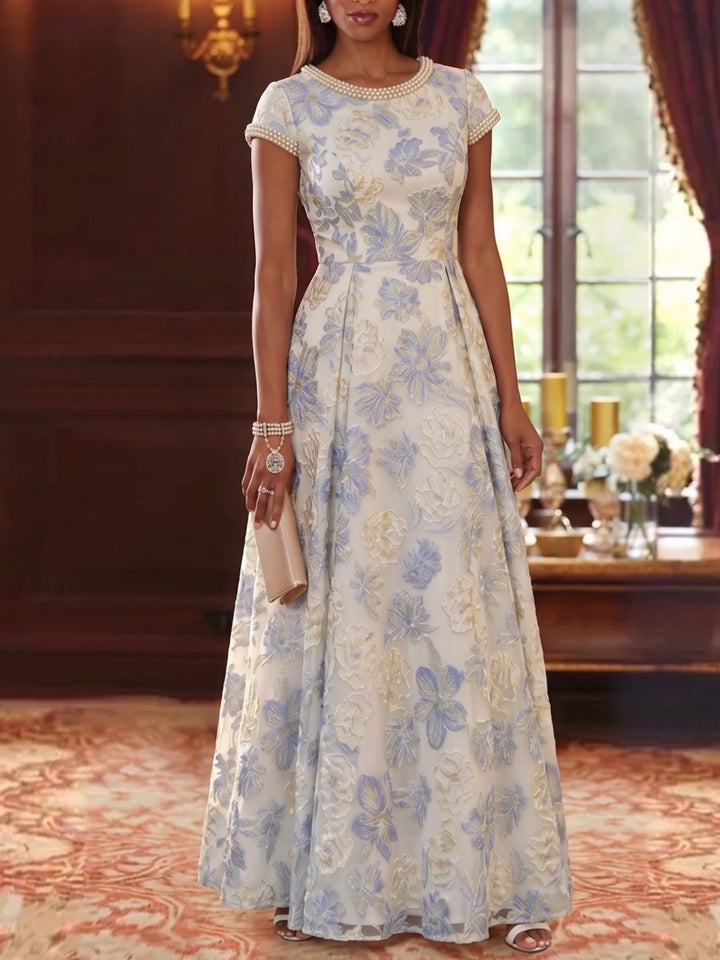 A-Line/Princess Scoop Floral Mother of the Bride Dresses Floor-Length Cap Sleeves Pearl Beading