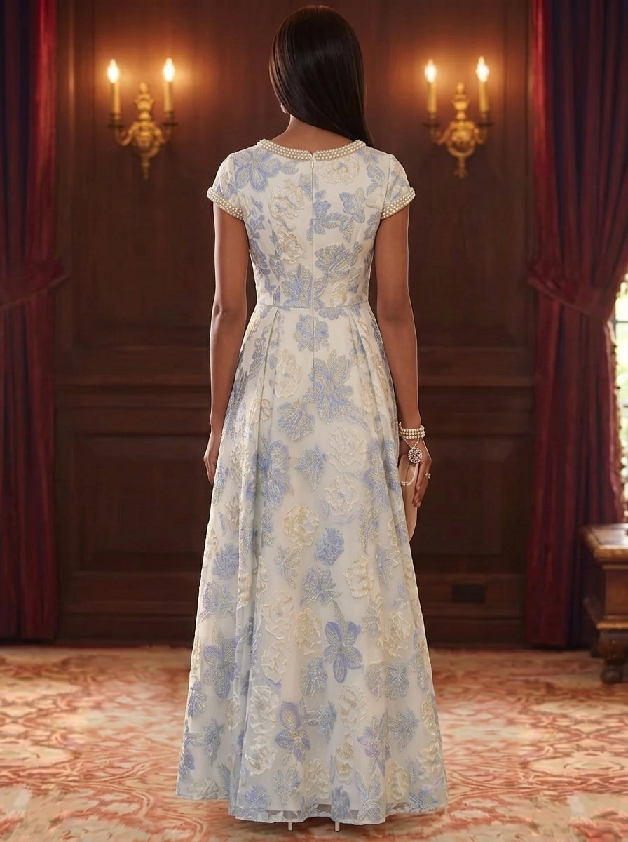 A-Line/Princess Scoop Floral Mother of the Bride Dresses Floor-Length Cap Sleeves Pearl Beading