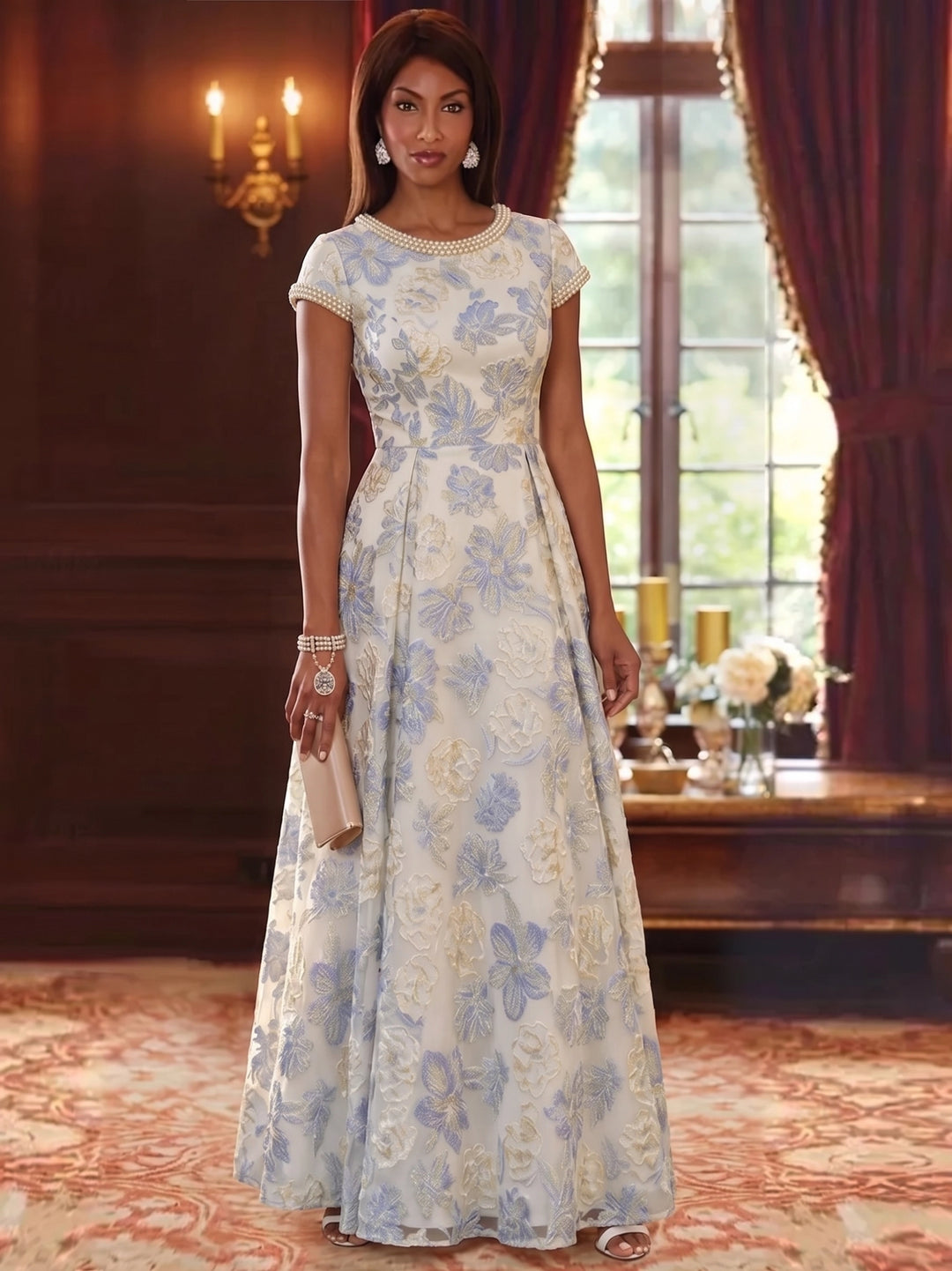 A-Line/Princess Scoop Floral Mother of the Bride Dresses Floor-Length Cap Sleeves Pearl Beading