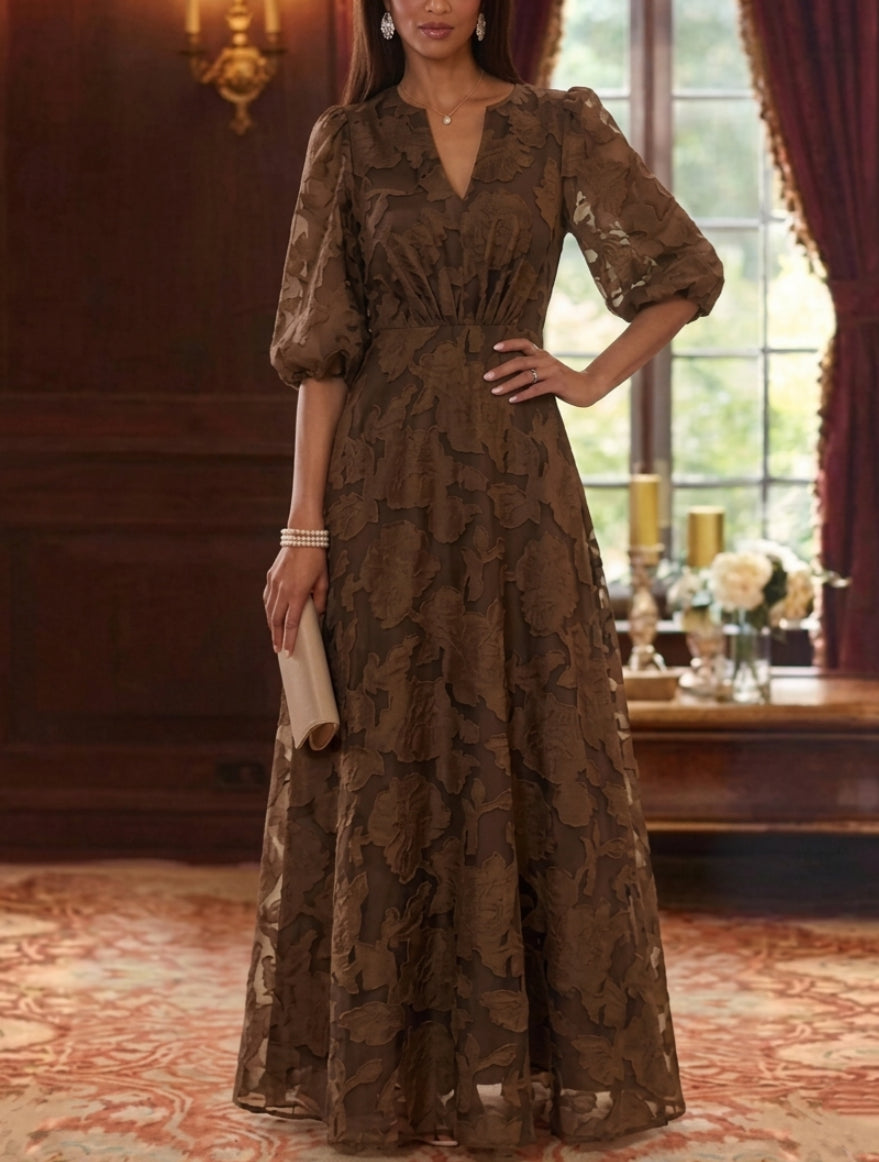 A-Line/Princess V-Neck Chiffon Floral Mother of the Bride Dresses Floor-Length Half Sleeves