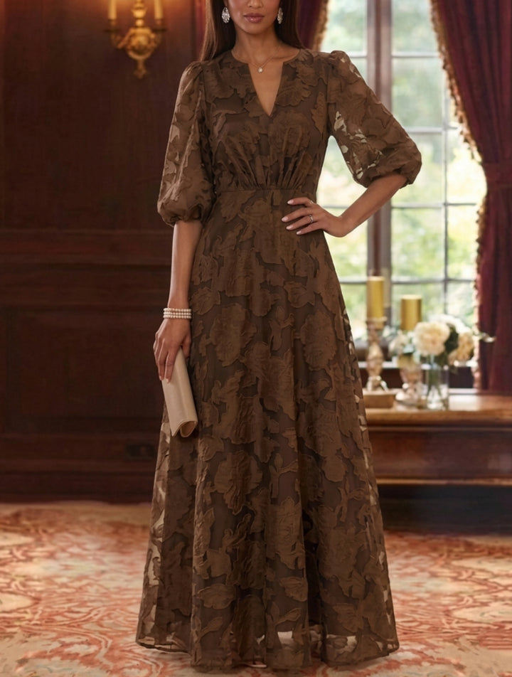 A-Line/Princess V-Neck Chiffon Floral Mother of the Bride Dresses Floor-Length Half Sleeves