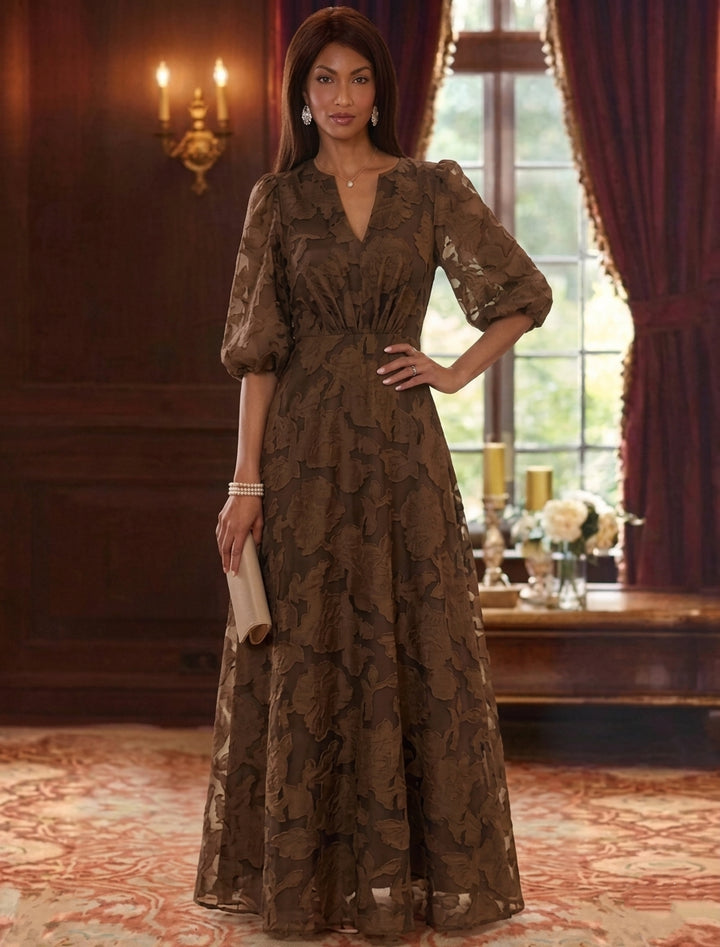 A-Line/Princess V-Neck Chiffon Floral Mother of the Bride Dresses Floor-Length Half Sleeves