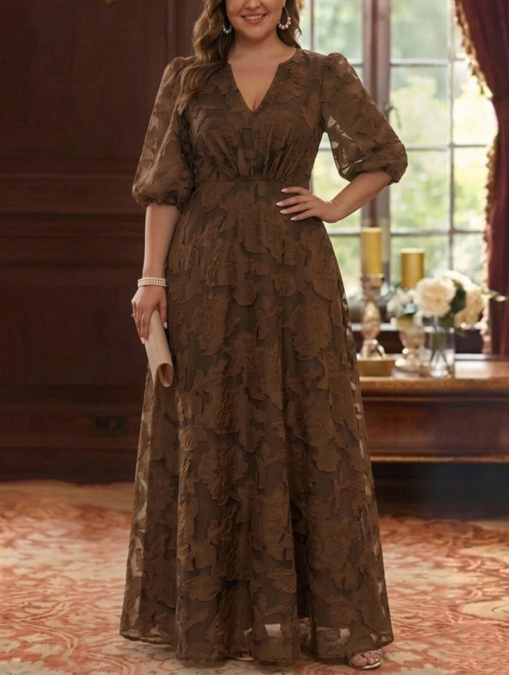 A-Line/Princess V-Neck Chiffon Floral Plus Size Mother of the Bride Dresses Floor-Length Half Sleeves