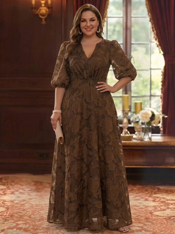 A-Line/Princess V-Neck Chiffon Floral Plus Size Mother of the Bride Dresses Floor-Length Half Sleeves