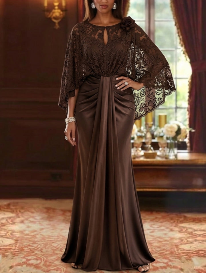Trumpet/Mermaid Silk Satin Scoop Mother Of The Bride Dresses Lace Floral Floor Length 3/4 Sleeves