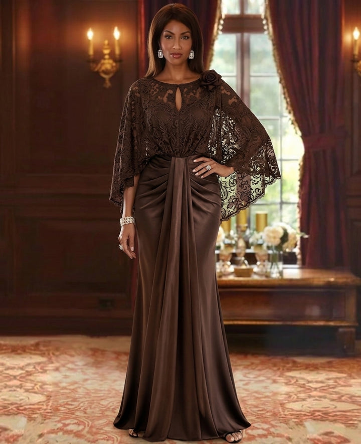 Trumpet/Mermaid Silk Satin Scoop Mother Of The Bride Dresses Lace Floral Floor Length 3/4 Sleeves