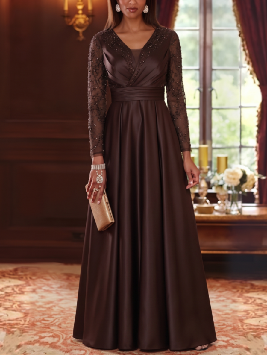 A-Line/Princess V-Neck Satin Mother of the Bride Dresses Sequins Floor-Length Long Sleeves
