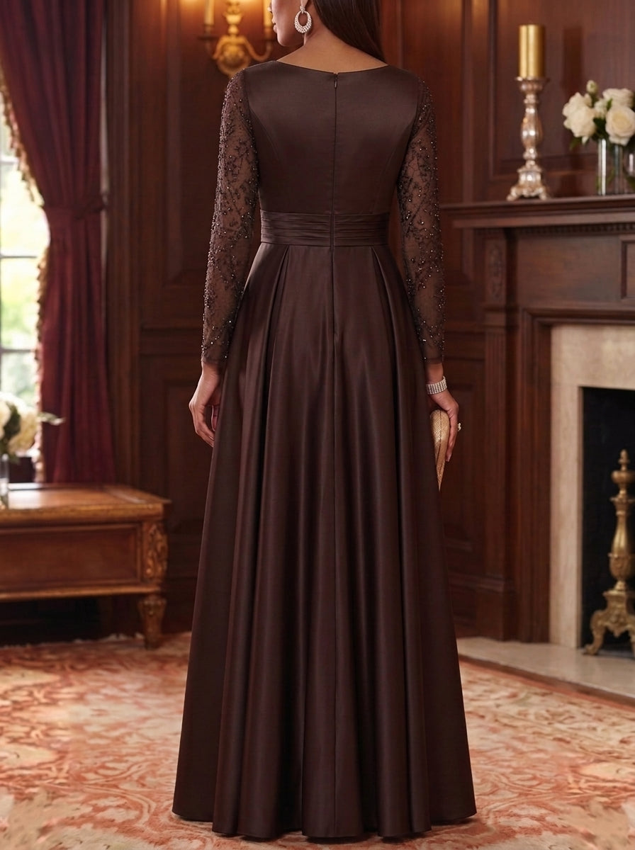 A-Line/Princess V-Neck Satin Mother of the Bride Dresses Sequins Floor-Length Long Sleeves