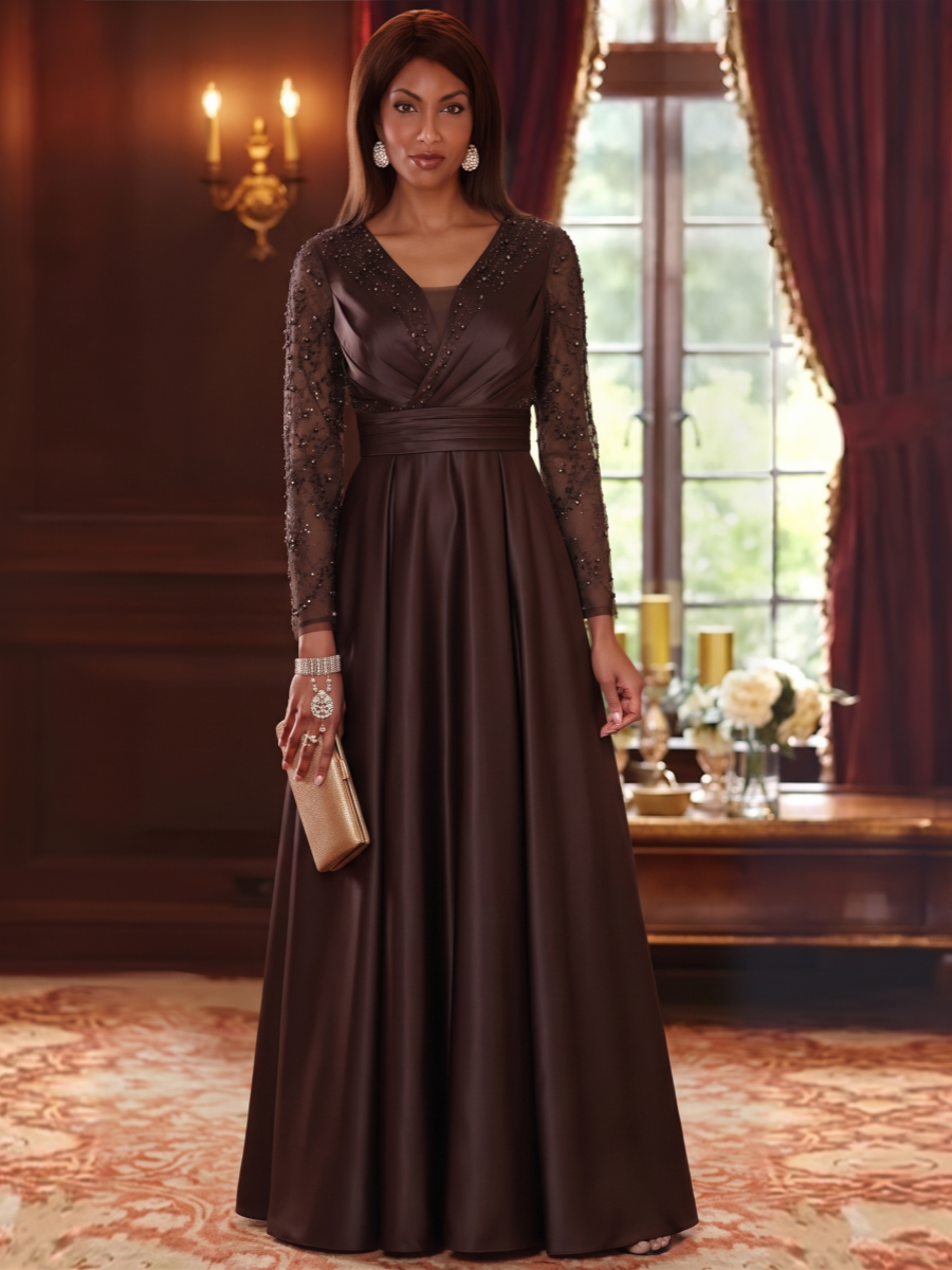 A-Line/Princess V-Neck Satin Mother of the Bride Dresses Sequins Floor-Length Long Sleeves