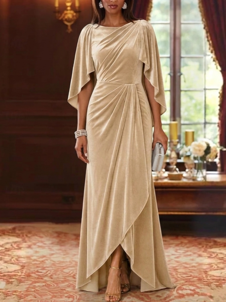 A-Line/Princess Boat Neck Velvet Mother of the Bride Dresses 3/4 Sleeves Asymmetrical Floor-Length Ruched