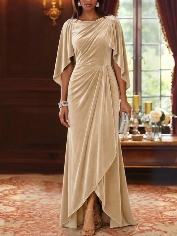A-Line/Princess Boat Neck Velvet Mother of the Bride Dresses 3/4 Sleeves Asymmetrical Floor-Length Ruched